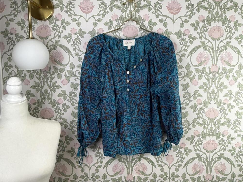 Cleobella 100% Cotton Blue Zuri Block Print Jayda Blouse - Size - Medium - Picture 5 of 10